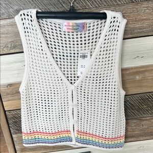 Abercrombie & Fitch White Crochet Vest with Colorful Trim